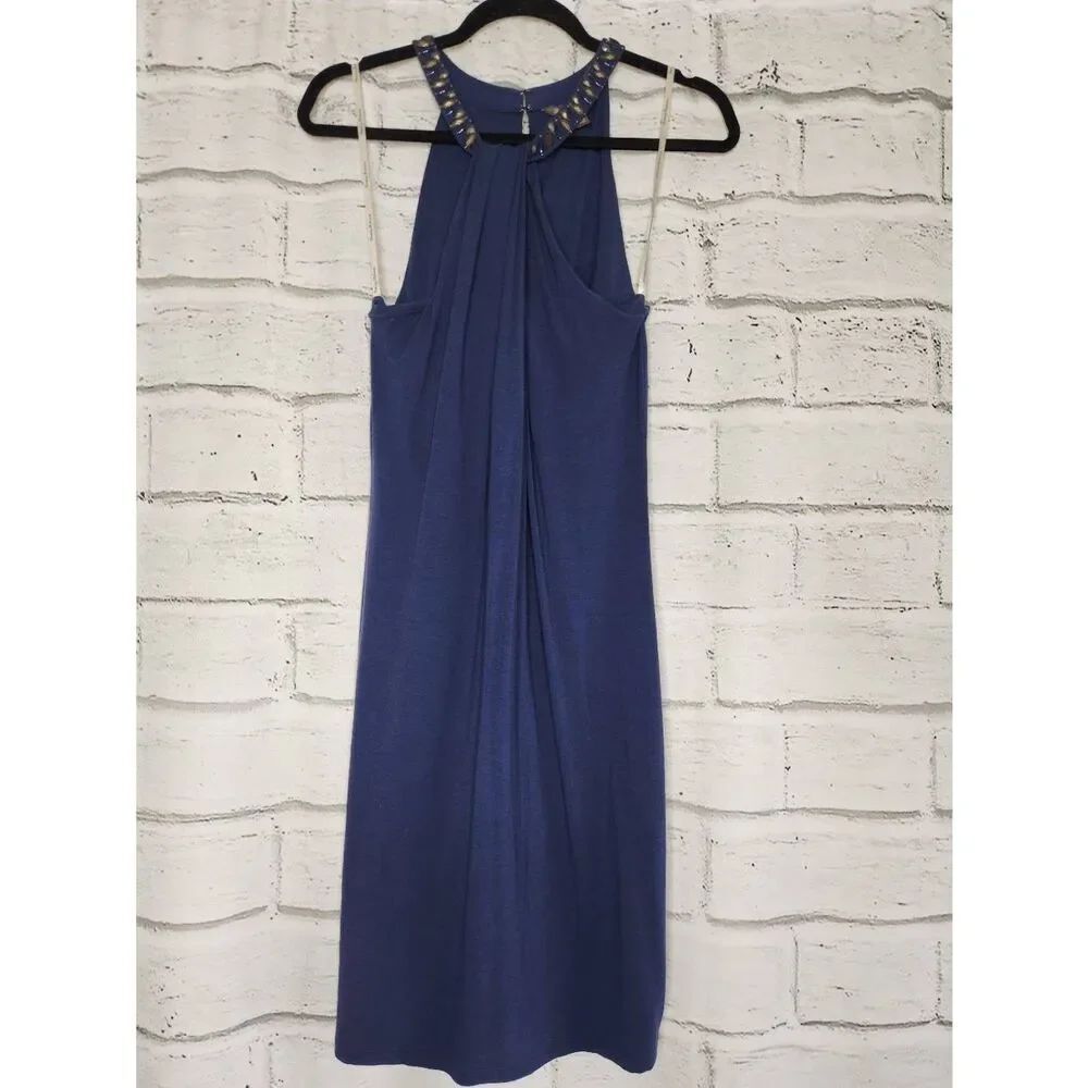 Tommy Bahama Beadef Neck Drapey Solid Blue Midi Dress Small Stretchy